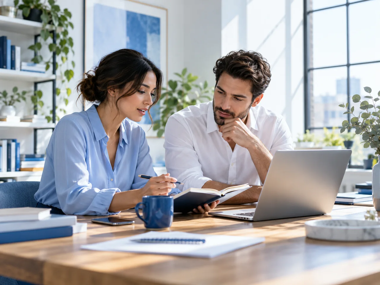 Illustrative business owners reviewing questions together at a laptop