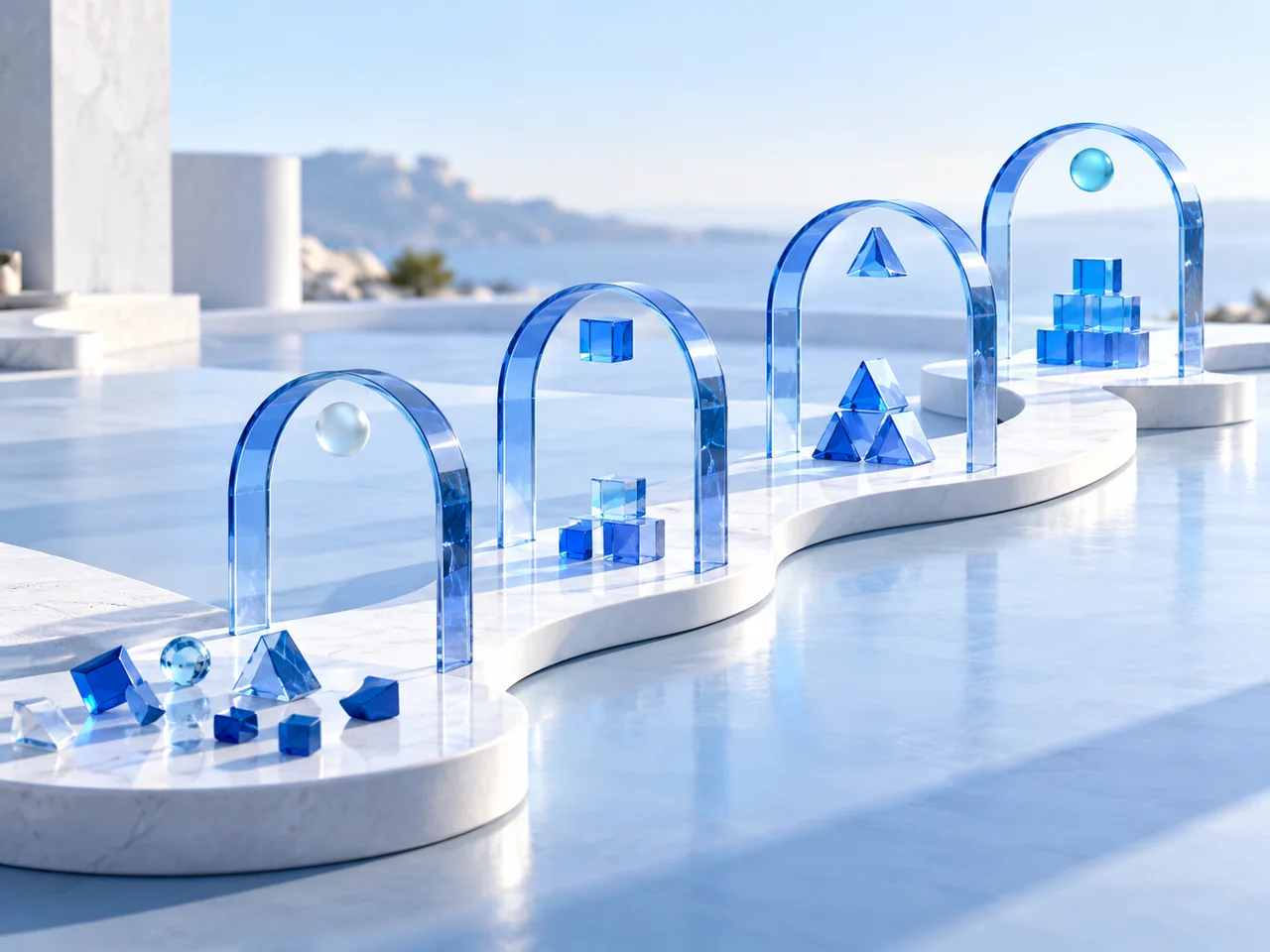 Four translucent blue arches connected by a single path illustrate a step-by-step journey.