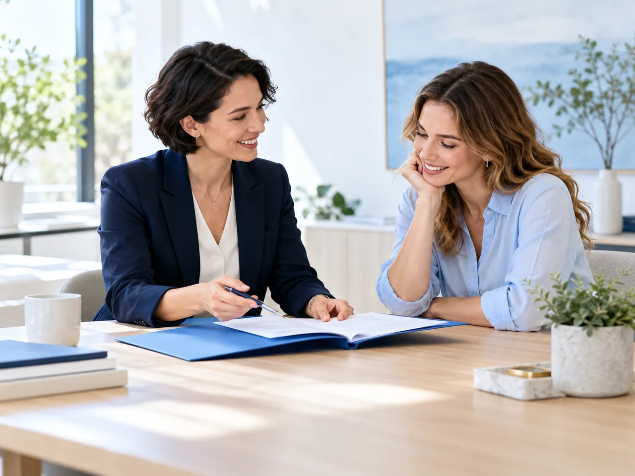 Illustrative consultant and business owner discussing an organized folder.
