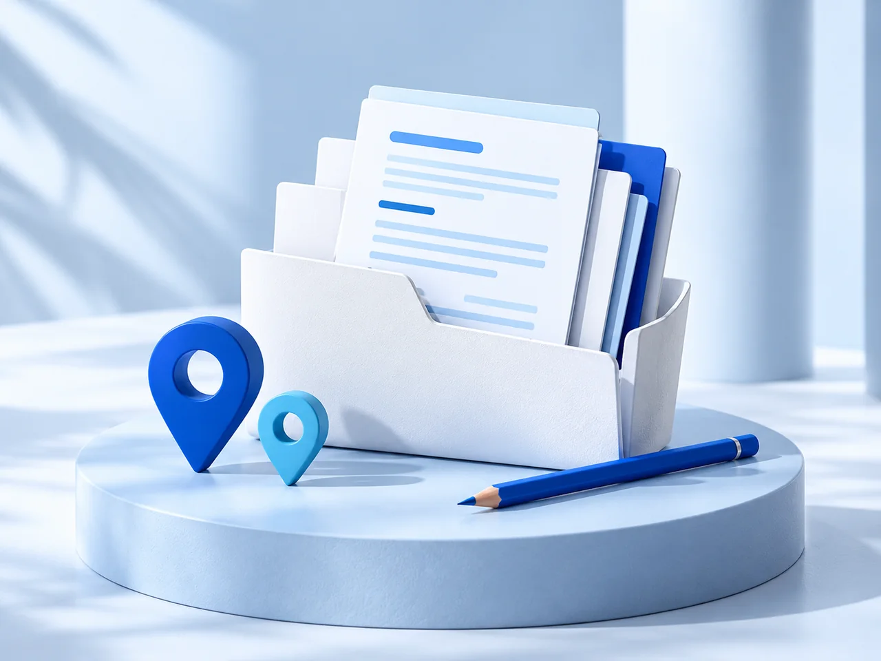 A blue-and-white folder and organized documents represent registration preparation.