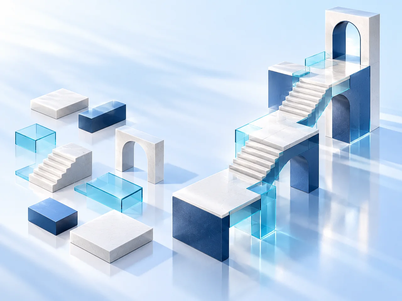 Blue and white modular pieces connect into a structured onboarding path.
