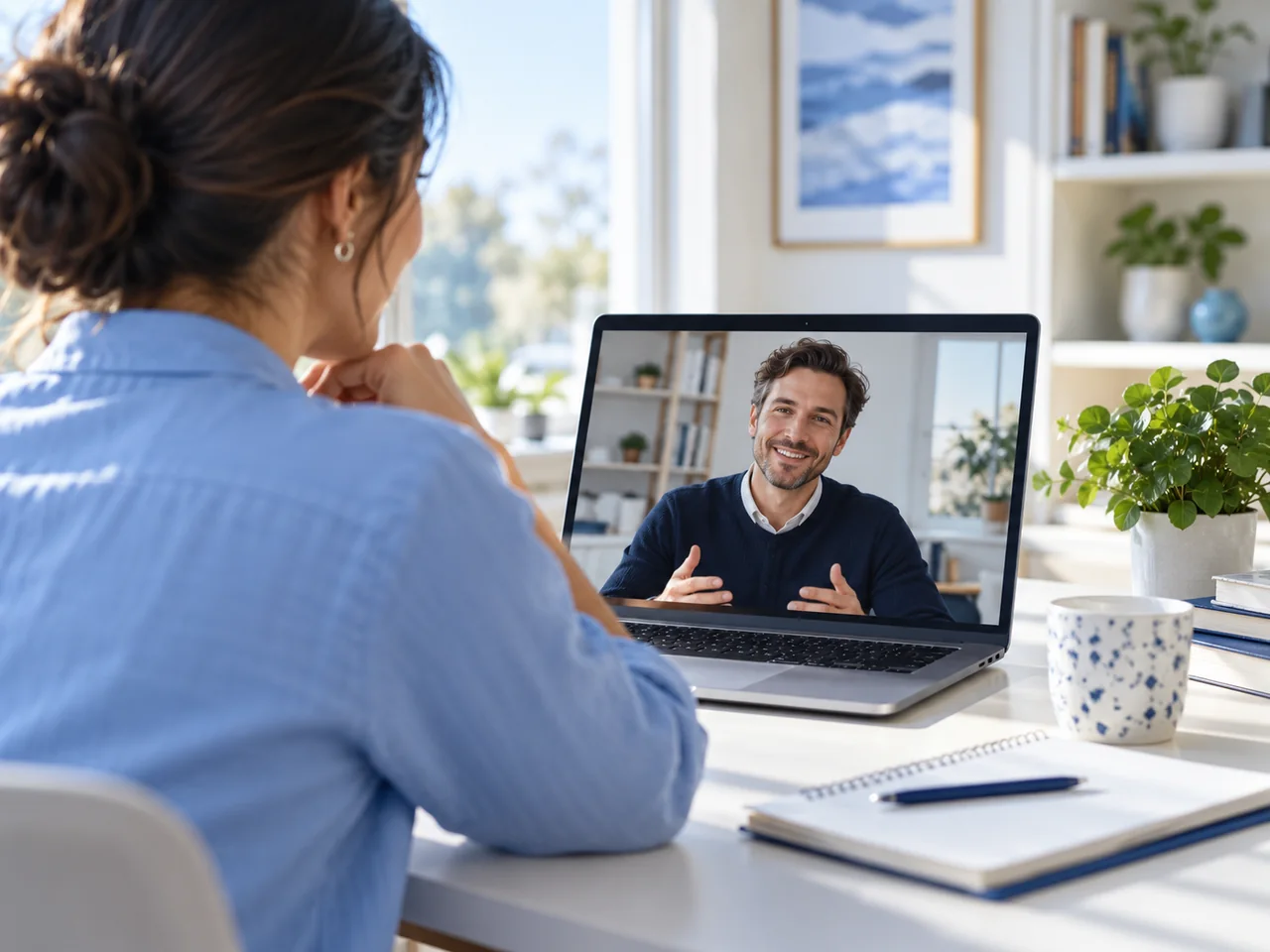 Illustrative business owner attending a personal online conversation.