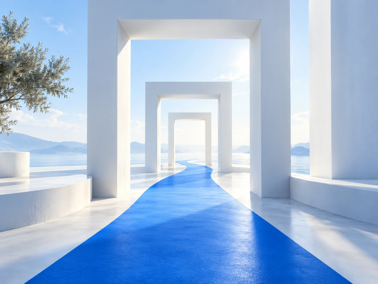 A blue path continues through three open white doorframes.
