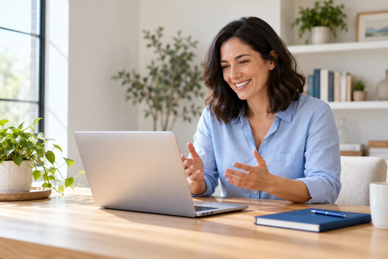 Illustrative business owner discussing questions in a personal online consultation.