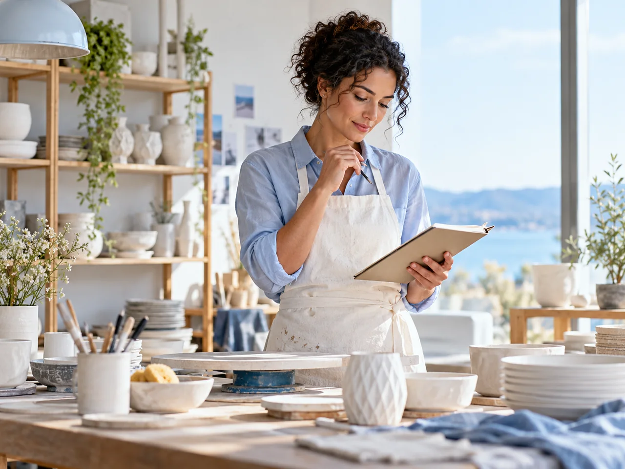 Illustrative small-business owner planning her next steps in a ceramics studio.