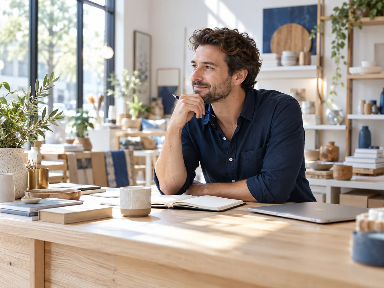 Illustrative shop owner organizing business notes at a bright wooden counter.