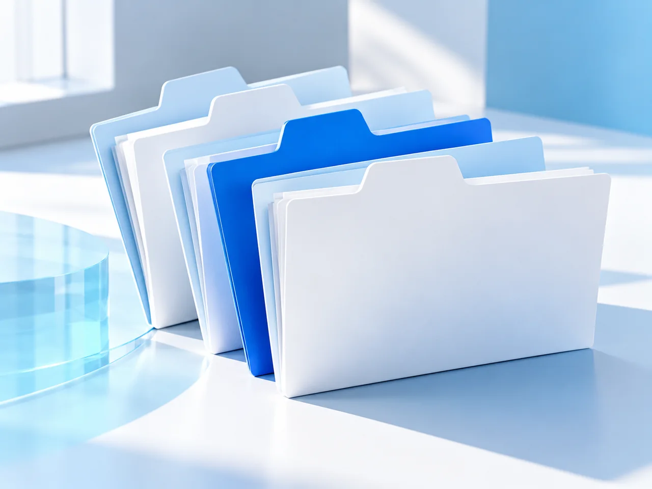 Organized blue and white folders represent prepared company information.