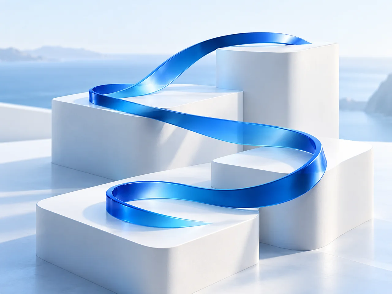 A blue connecting loop links four white steps in an onboarding illustration.