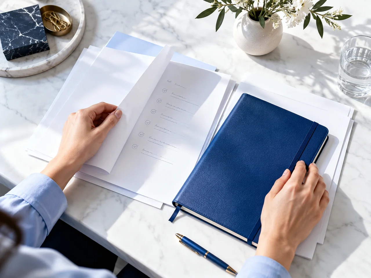 Hands reviewing an orderly notebook and documents before submission.