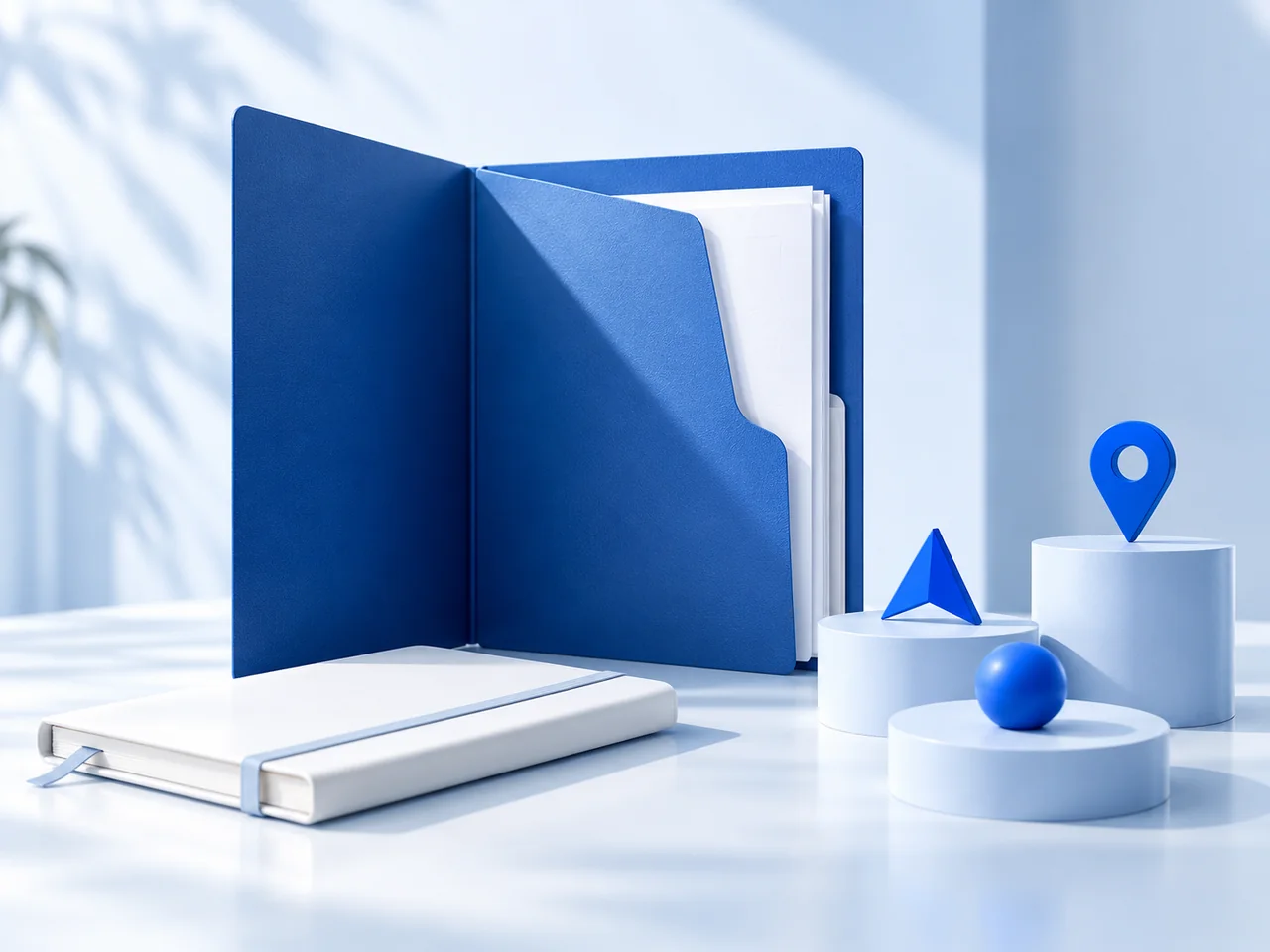 An open folder and organized wayfinding shapes suggest readiness and follow-up.