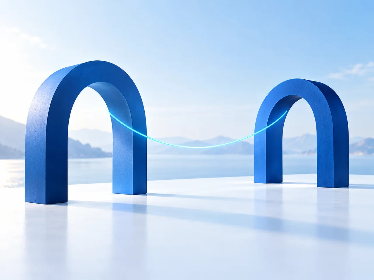 Two separate blue arches connected by a thin line represent independent support.