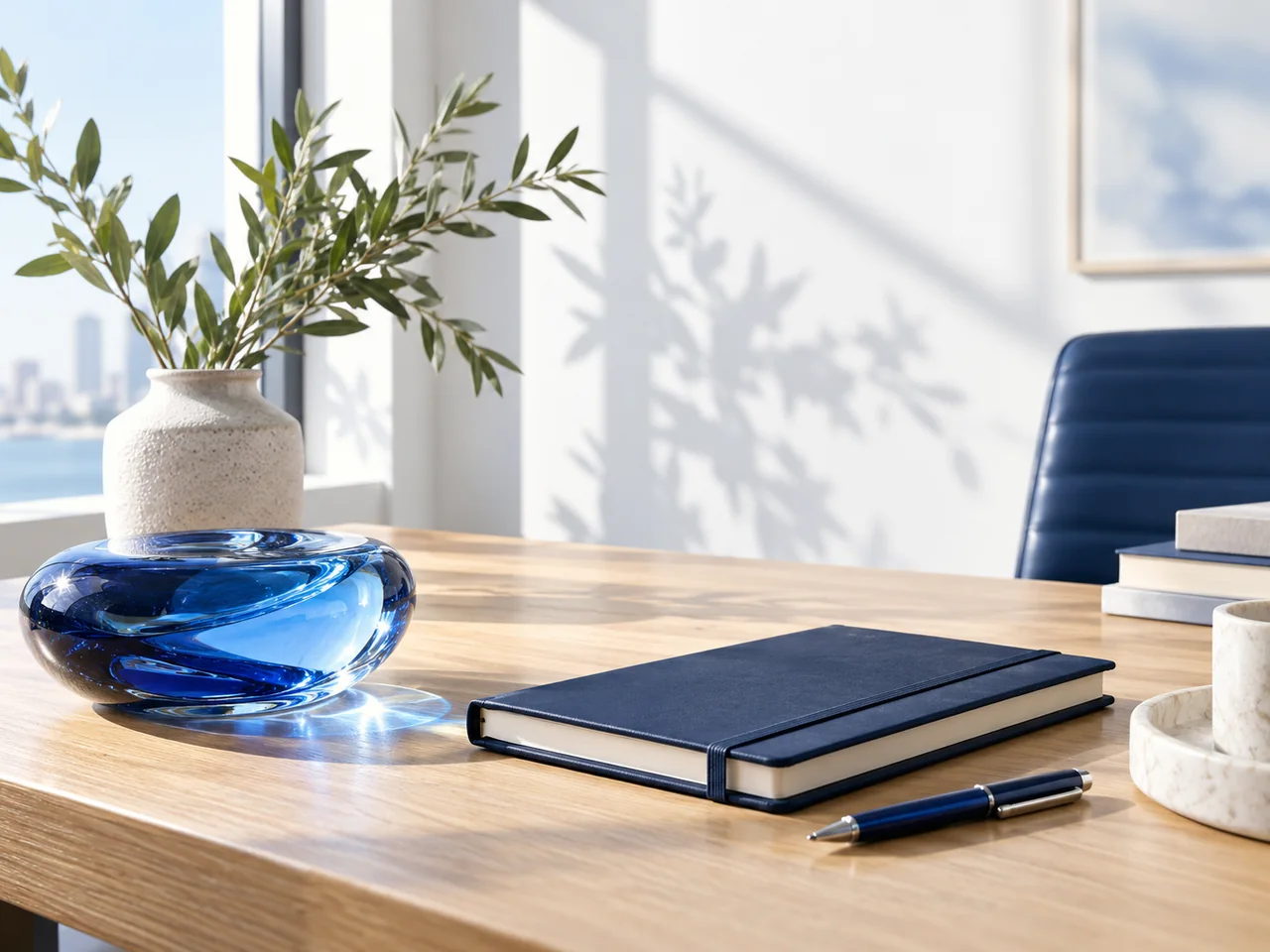 A calm office desk with a blue notebook represents a thoughtful place to begin.